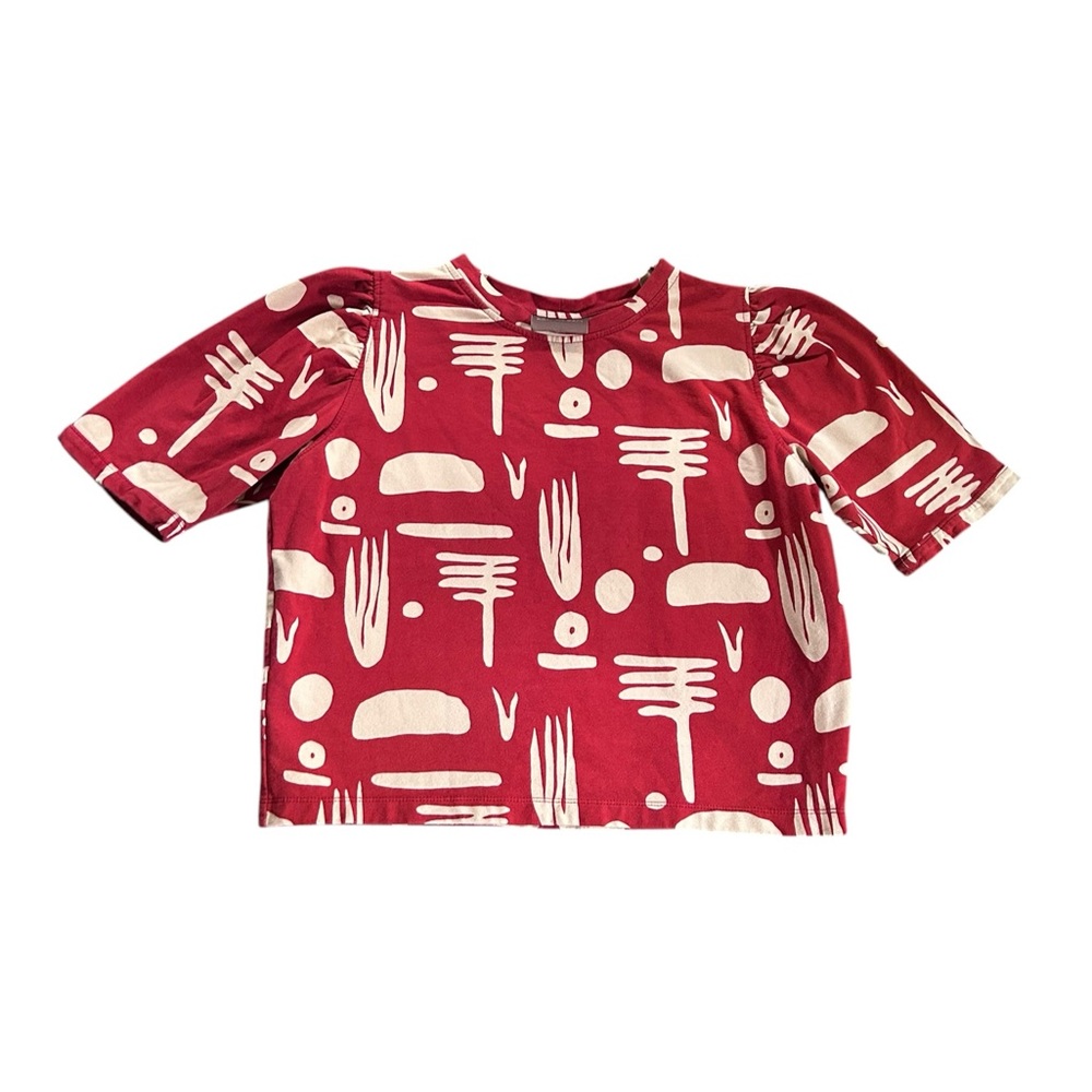 Bel Kazan Zoe Top Ledo Chili Print Abstract Cropped Puff Sleeve Made in Bali L